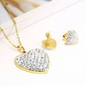 Heart Necklace & Earrings Matching Set Clear Gold F01
